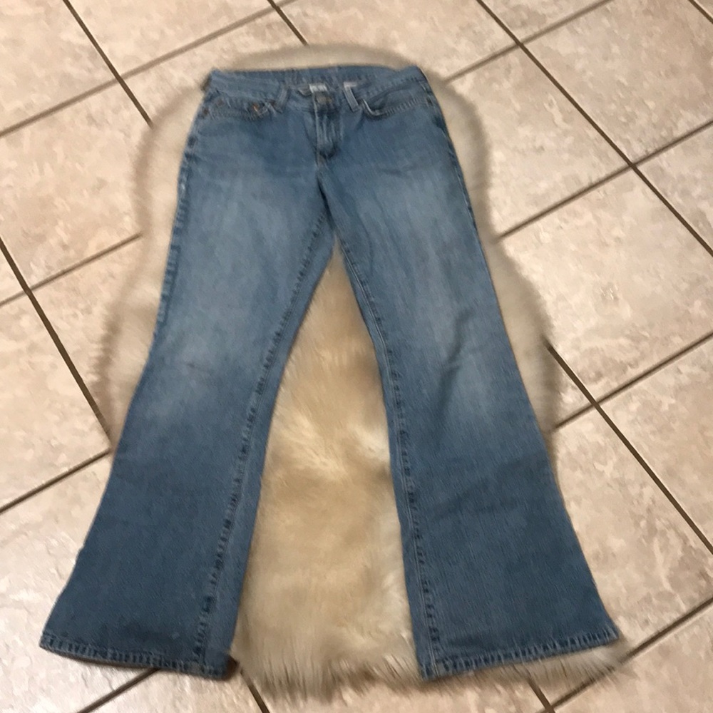 Lucky Brand Billie Dungarees Mid-Rise Flare Distressed Jeans